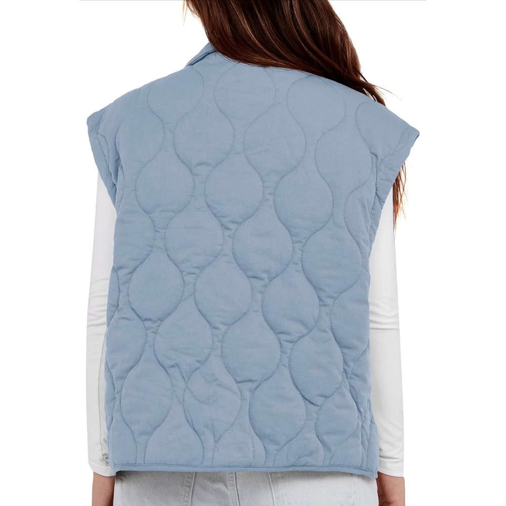 Cicy Bell Blue Quilted Puffer Vest Sleeveless Zip Snap Front Jacket Stand Collar - Picture 2 of 3